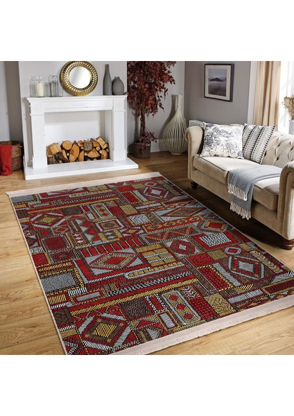 Kırmızı - Kahverengi Zeminde Patchwork Motifli Otantik Desenli Etnik Motifler Eskitme Motifli Dijital Baskılı Makinede Yıkanabilir Kaymaz Taban Saçaklı Halı indirimleri