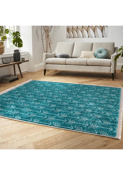 Turkuaz Zeminde Iskandinav Motifli Ok Desenli Geometrik Klasik Koridor & Antre Banyo Dijital Baskılı Makinede Yıkanabilir Kaymaz Taban Saçaklı Halı