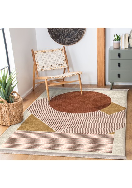 Siyah - Kahverengi Zeminde Tablo Motifli Modern Sanat Desenli Geometrik Bohem Dijital Baskılı Makinede Yıkanabilir Kaymaz Taban Saçaklı Halı