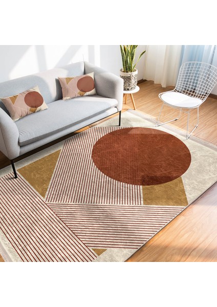 Siyah - Kahverengi Zeminde Tablo Motifli Modern Sanat Desenli Geometrik Bohem Dijital Baskılı Makinede Yıkanabilir Kaymaz Taban Saçaklı Halı modelleri