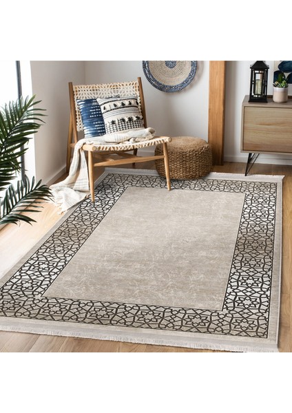 Krem Zeminde Osmanlı Motifli Art Deco Desenli Geometrik Avangarde Dijital Baskılı Makinede Yıkanabilir Kaymaz Taban Saçaklı Halı fiyatları
