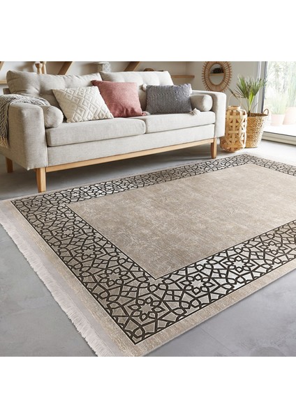 Krem Zeminde Osmanlı Motifli Art Deco Desenli Geometrik Avangarde Dijital Baskılı Makinede Yıkanabilir Kaymaz Taban Saçaklı Halı indirimleri