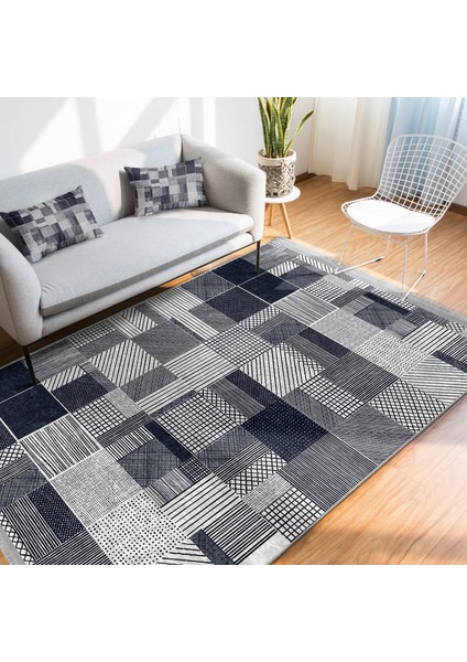 Lacivert Zeminde Geometrik Motifli Patchwork Desenli Geometrik Dijital Baskılı Makinede Yıkanabilir Kaymaz Taban Saçaklı Halı indirimleri