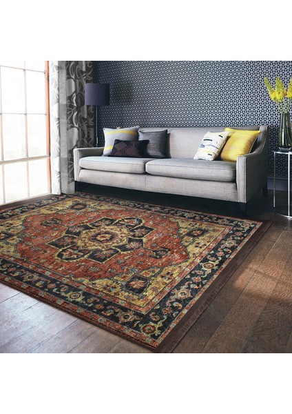 Renkli Zeminde Kilim Motifli Hereke Desenli Avangarde Etnik Motifler Dijital Baskılı Makinede Yıkanabilir Kaymaz Taban Saçaklı Halı modelleri