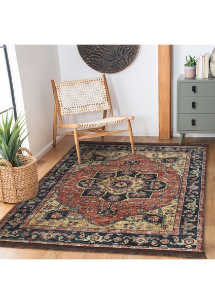 Renkli Zeminde Kilim Motifli Hereke Desenli Avangarde Etnik Motifler Dijital Baskılı Makinede Yıkanabilir Kaymaz Taban Saçaklı Halı indirimleri