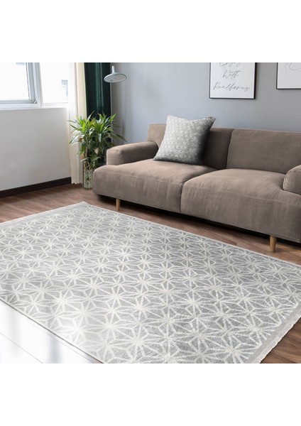 Beyaz Zeminde Gri Motifli Geometrik Desenli Geometrik Dijital Baskılı Makinede Yıkanabilir Kaymaz Taban Saçaklı Halı fiyatları