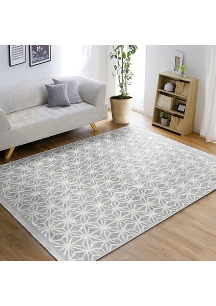 Beyaz Zeminde Gri Motifli Geometrik Desenli Geometrik Dijital Baskılı Makinede Yıkanabilir Kaymaz Taban Saçaklı Halı modelleri