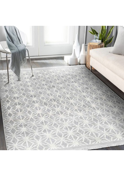 Beyaz Zeminde Gri Motifli Geometrik Desenli Geometrik Dijital Baskılı Makinede Yıkanabilir Kaymaz Taban Saçaklı Halı indirimleri