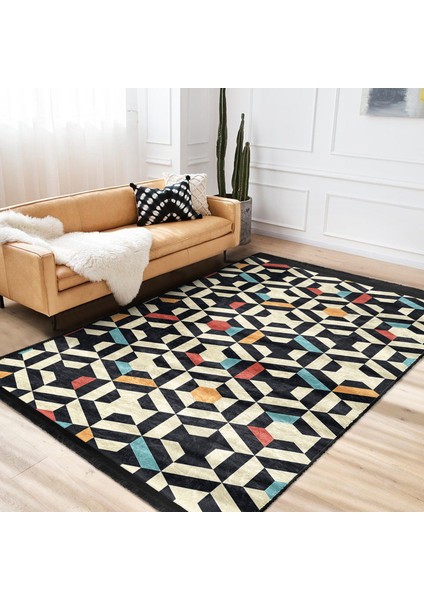 Krem - Kırmızı Zeminde Geometrik Motifli Art Deco Desenli Geometrik Koridor & Antre Banyo Dijital Baskılı Makinede Yıkanabilir Kaymaz Taban Saçaklı Halı modelleri