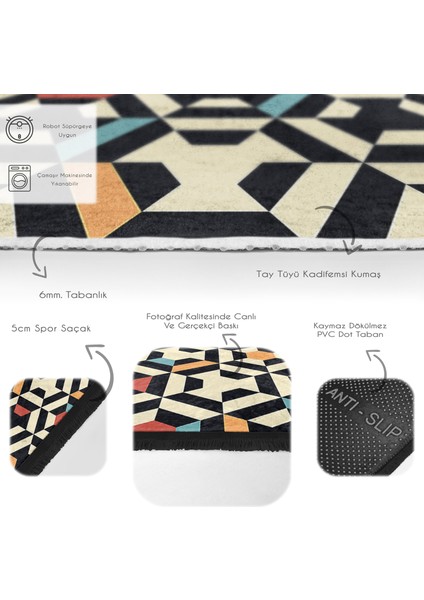 Krem - Kırmızı Zeminde Geometrik Motifli Art Deco Desenli Geometrik Koridor & Antre Banyo Dijital Baskılı Makinede Yıkanabilir Kaymaz Taban Saçaklı Halı fırsatları