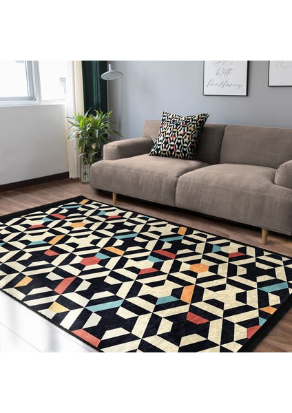 Krem - Kırmızı Zeminde Geometrik Motifli Art Deco Desenli Geometrik Koridor & Antre Banyo Dijital Baskılı Makinede Yıkanabilir Kaymaz Taban Saçaklı Halı indirimleri