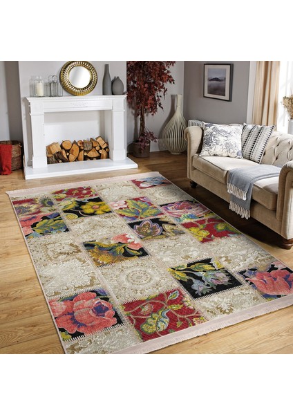 Geleneksel Zeminde Patchwork Motifli Etnik Desenli Vintage Avangarde Dijital Baskılı Makinede Yıkanabilir Kaymaz Taban Saçaklı Halı