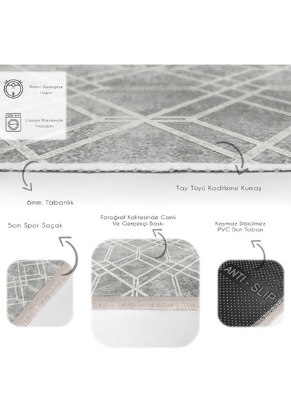 Gri Zeminde Geometrik Motifli Eskitme Desenli Geometrik Eskitme Motifli Dijital Baskılı Makinede Yıkanabilir Kaymaz Taban Saçaklı Halı fırsatları