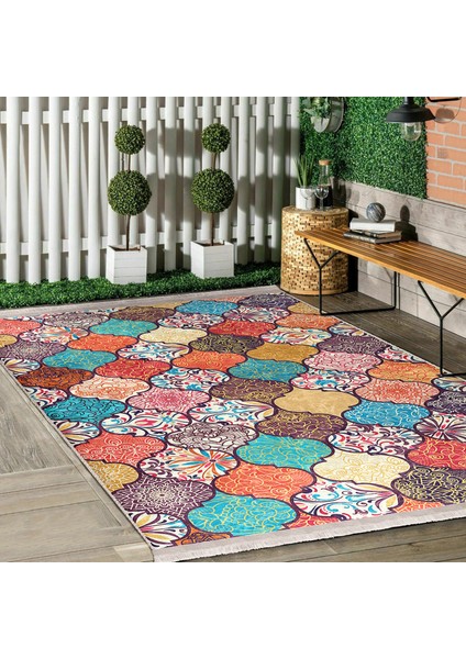 Çok Renkli Zeminde Patchwork Motifli Geleneksel Desenli Geometrik Klasik Dijital Baskılı Makinede Yıkanabilir Kaymaz Taban Saçaklı Halı fiyatları