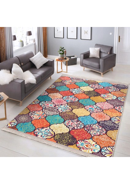 Çok Renkli Zeminde Patchwork Motifli Geleneksel Desenli Geometrik Klasik Dijital Baskılı Makinede Yıkanabilir Kaymaz Taban Saçaklı Halı indirimleri