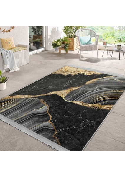 Gold - Siyah Zeminde Mermer Motifli Modern Sanat Desenli Klasik Banyo Balkon Dijital Baskılı Makinede Yıkanabilir Kaymaz Taban Saçaklı Halı