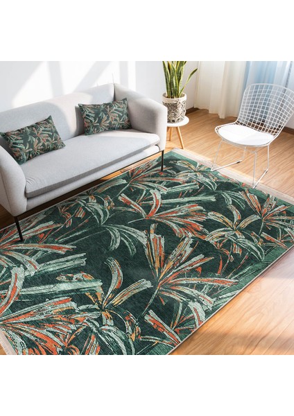 Yeşil Zeminde Çiçek Motifli El Dokuma Desenli Summer & Fresh Floral Dijital Baskılı Makinede Yıkanabilir Kaymaz Taban Saçaklı Halı