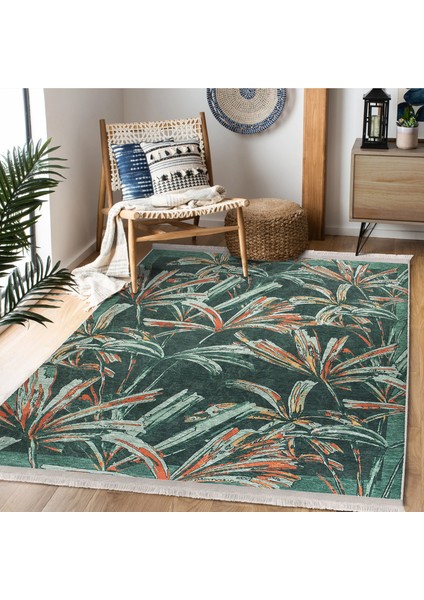 Yeşil Zeminde Çiçek Motifli El Dokuma Desenli Summer & Fresh Floral Dijital Baskılı Makinede Yıkanabilir Kaymaz Taban Saçaklı Halı fiyatları