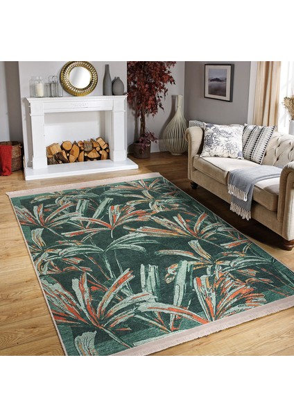Yeşil Zeminde Çiçek Motifli El Dokuma Desenli Summer & Fresh Floral Dijital Baskılı Makinede Yıkanabilir Kaymaz Taban Saçaklı Halı modelleri