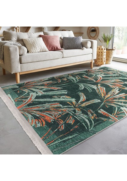 Yeşil Zeminde Çiçek Motifli El Dokuma Desenli Summer & Fresh Floral Dijital Baskılı Makinede Yıkanabilir Kaymaz Taban Saçaklı Halı indirimleri