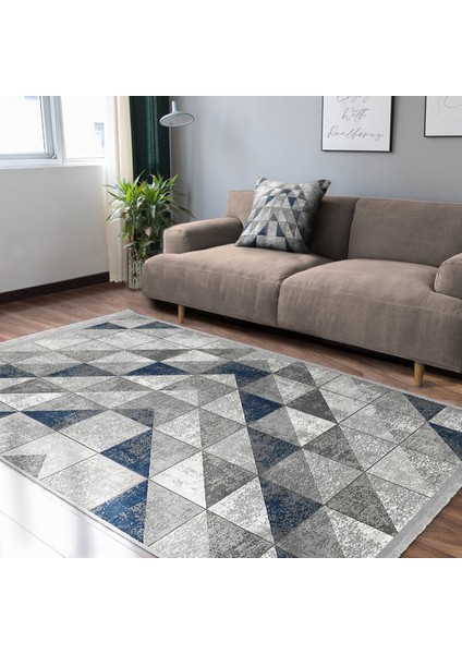 Mavi - Gri Zeminde Geometrik Motifli Antik Desenli Geometrik Eskitme Motifli Dijital Baskılı Makinede Yıkanabilir Kaymaz Taban Saçaklı Halı