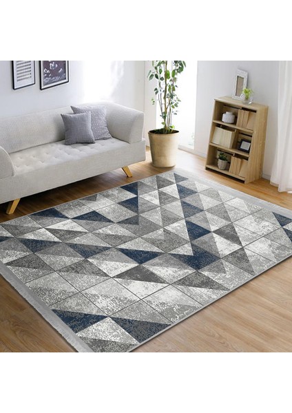 Mavi - Gri Zeminde Geometrik Motifli Antik Desenli Geometrik Eskitme Motifli Dijital Baskılı Makinede Yıkanabilir Kaymaz Taban Saçaklı Halı fiyatları