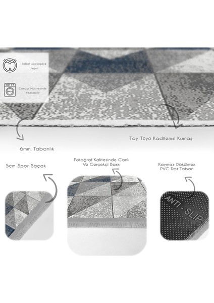 Mavi - Gri Zeminde Geometrik Motifli Antik Desenli Geometrik Eskitme Motifli Dijital Baskılı Makinede Yıkanabilir Kaymaz Taban Saçaklı Halı fırsatları