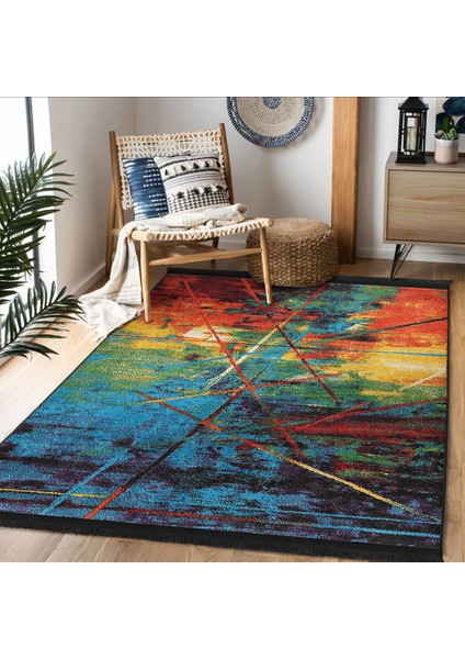 Kanvas Zeminde Yağlı Boya Motifli Modern Sanat Desenli Modern Yatak Odası Dış Mekan & Outdoor Dijital Baskılı Makinede Yıkanabilir Kaymaz Taban Saçaklı Halı