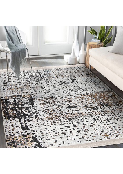 Siyah - Beyaz Zeminde Guaj Boya Motifli Modern Sanat Desenli Klasik Vintage Dijital Baskılı Makinede Yıkanabilir Kaymaz Taban Saçaklı Halı