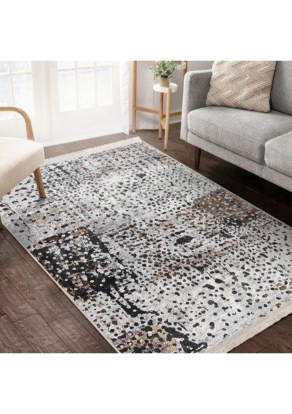 Siyah - Beyaz Zeminde Guaj Boya Motifli Modern Sanat Desenli Klasik Vintage Dijital Baskılı Makinede Yıkanabilir Kaymaz Taban Saçaklı Halı modelleri