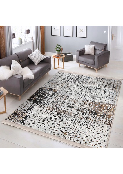 Siyah - Beyaz Zeminde Guaj Boya Motifli Modern Sanat Desenli Klasik Vintage Dijital Baskılı Makinede Yıkanabilir Kaymaz Taban Saçaklı Halı indirimleri