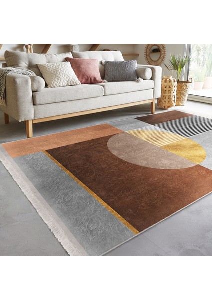 Kahverengi Zeminde Geometrik Motifli Boho Desenli Geometrik Dijital Baskılı Makinede Yıkanabilir Kaymaz Taban Saçaklı Halı fiyatları