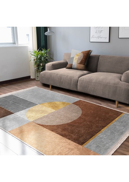 Kahverengi Zeminde Geometrik Motifli Boho Desenli Geometrik Dijital Baskılı Makinede Yıkanabilir Kaymaz Taban Saçaklı Halı indirimleri