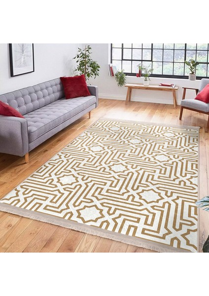 Krem Zeminde Geometrik Motifli Çokgen Desenli Geometrik Dijital Baskılı Makinede Yıkanabilir Kaymaz Taban Saçaklı Halı