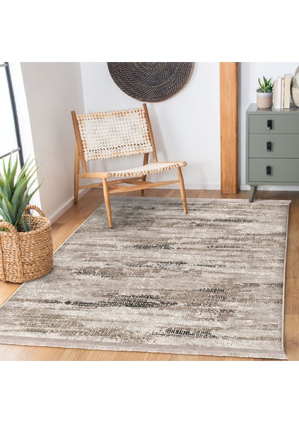 Krem Zeminde Kilim Motifli Örgü Desenli Eskitme Motifli Vintage Dijital Baskılı Makinede Yıkanabilir Kaymaz Taban Saçaklı Halı