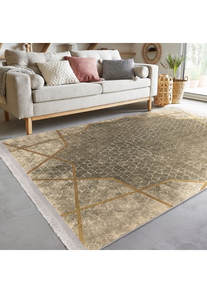 Krem Zeminde Çerçeveli Motifli Geometrik Desenli Geometrik Eskitme Motifli Dijital Baskılı Makinede Yıkanabilir Kaymaz Taban Saçaklı Halı