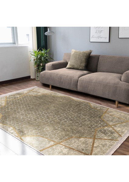 Krem Zeminde Çerçeveli Motifli Geometrik Desenli Geometrik Eskitme Motifli Dijital Baskılı Makinede Yıkanabilir Kaymaz Taban Saçaklı Halı modelleri