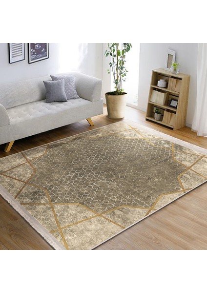 Krem Zeminde Çerçeveli Motifli Geometrik Desenli Geometrik Eskitme Motifli Dijital Baskılı Makinede Yıkanabilir Kaymaz Taban Saçaklı Halı indirimleri