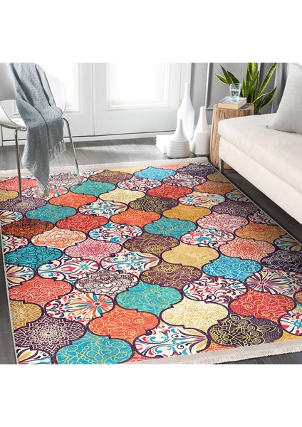 Çok Renkli Zeminde Patchwork Motifli Geleneksel Desenli Geometrik Klasik Dijital Baskılı Makinede Yıkanabilir Kaymaz Taban Saçaklı Halı