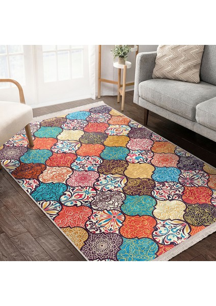 Çok Renkli Zeminde Patchwork Motifli Geleneksel Desenli Geometrik Klasik Dijital Baskılı Makinede Yıkanabilir Kaymaz Taban Saçaklı Halı modelleri
