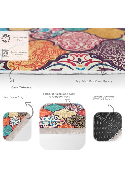 Çok Renkli Zeminde Patchwork Motifli Geleneksel Desenli Geometrik Klasik Dijital Baskılı Makinede Yıkanabilir Kaymaz Taban Saçaklı Halı fırsatları