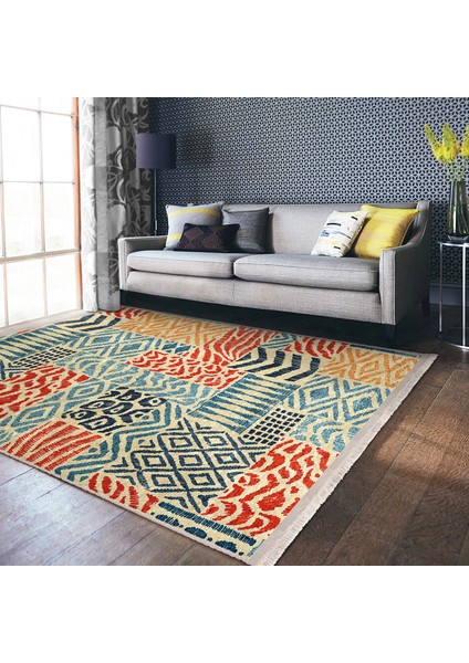 Krem Zeminde Patchwork Motifli Patchwork Desenli Geometrik Klasik Dijital Baskılı Makinede Yıkanabilir Kaymaz Taban Saçaklı Halı fiyatları