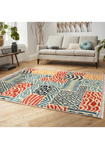 Krem Zeminde Patchwork Motifli Patchwork Desenli Geometrik Klasik Dijital Baskılı Makinede Yıkanabilir Kaymaz Taban Saçaklı Halı indirimleri