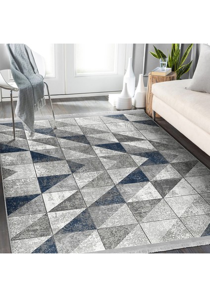 Mavi - Gri Zeminde Geometrik Motifli Antik Desenli Geometrik Eskitme Motifli Dijital Baskılı Makinede Yıkanabilir Kaymaz Taban Saçaklı Halı modelleri