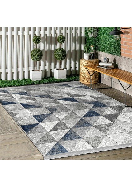 Mavi - Gri Zeminde Geometrik Motifli Antik Desenli Geometrik Eskitme Motifli Dijital Baskılı Makinede Yıkanabilir Kaymaz Taban Saçaklı Halı indirimleri