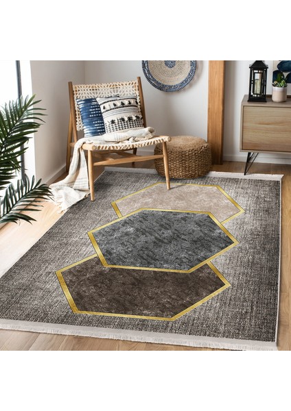Kahverengi Zeminde Altıgen Motifli Geometrik Desenli Geometrik Klasik Dijital Baskılı Makinede Yıkanabilir Kaymaz Taban Saçaklı Halı