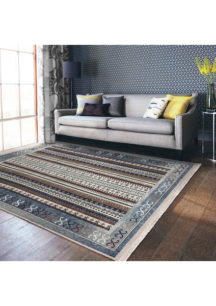 Mavi Zeminde Kilim Motifli Hereke Desenli Etnik Motifler Avangarde Dijital Baskılı Makinede Yıkanabilir Kaymaz Taban Saçaklı Halı
