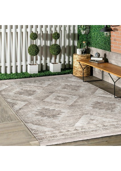 Krem - Bej Zeminde Tribal Motifli Geleneksel Desenli Vintage Geometrik Baskılı Makinede Yıkanabilir Kaymaz Taban Saçaklı Halı modelleri