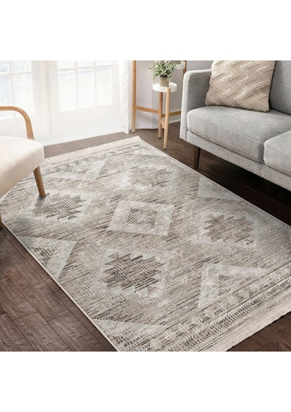 Krem - Bej Zeminde Tribal Motifli Geleneksel Desenli Vintage Geometrik Baskılı Makinede Yıkanabilir Kaymaz Taban Saçaklı Halı indirimleri