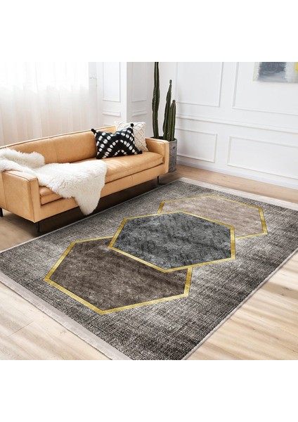 Kahverengi Zeminde Altıgen Motifli Geometrik Desenli Geometrik Klasik Dijital Baskılı Makinede Yıkanabilir Kaymaz Taban Saçaklı Halı indirimleri